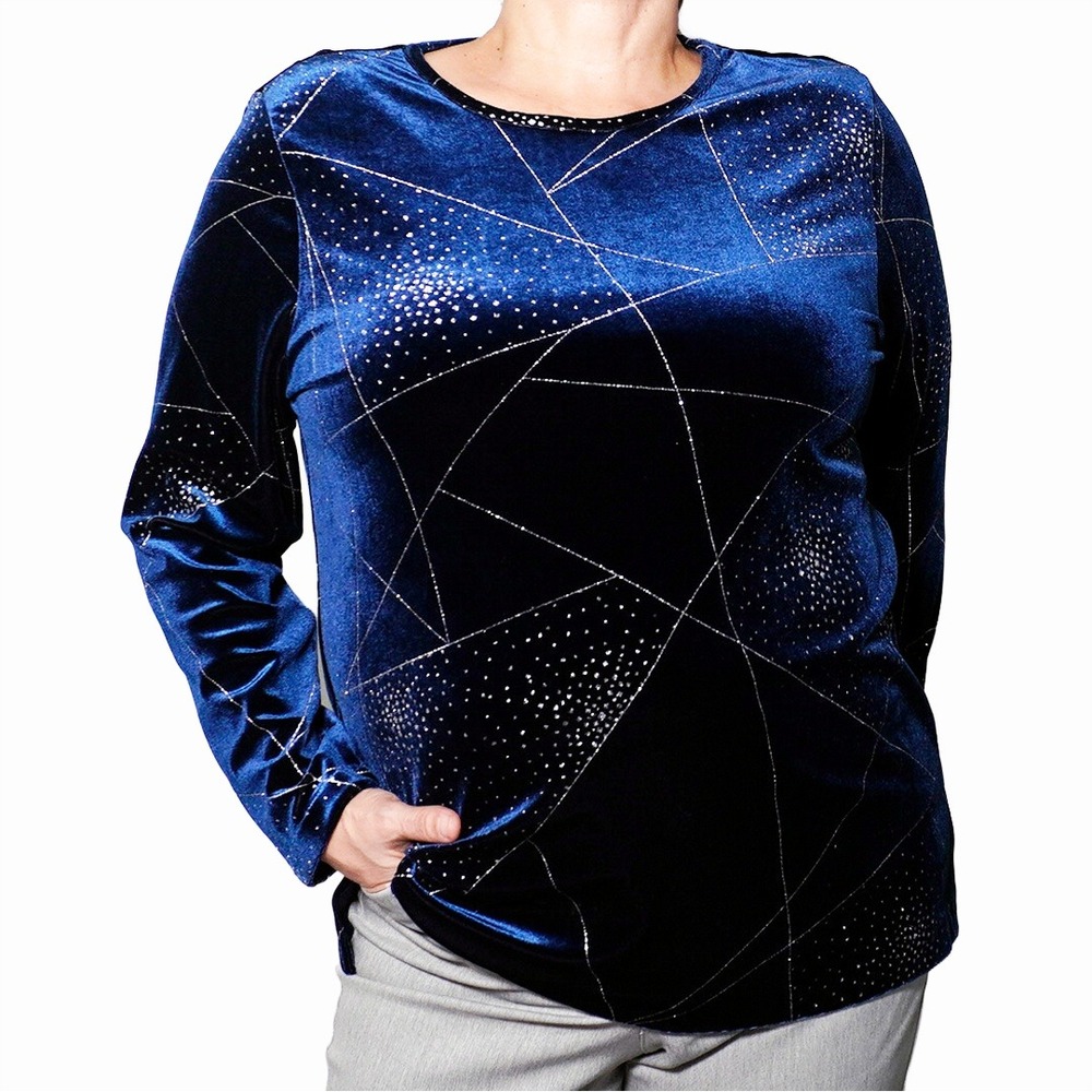 Alfred Dunner Navy Blue Stretch Velvet‎ Geometric Rhinestone Sparkle Top 0X L